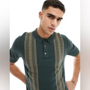 Abercrombie & Fitch front blocked stripe knit polo in dark green medium